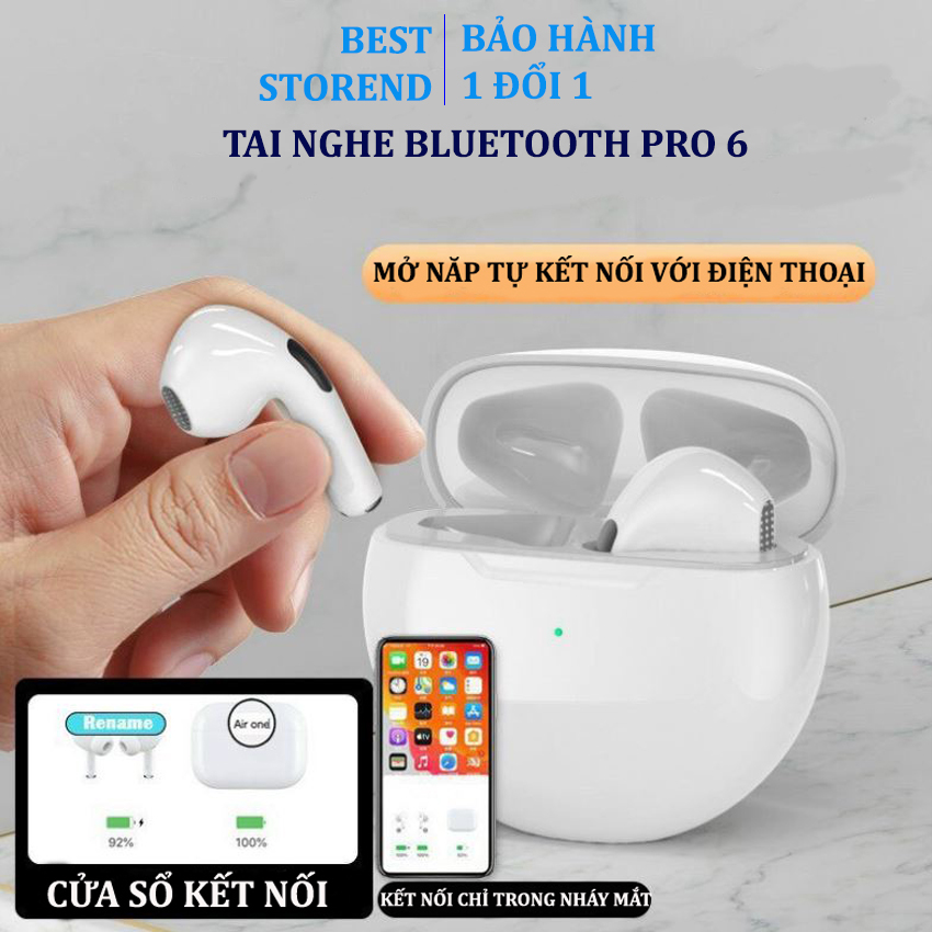 Tai nghe bluetooth Pro 6 TWS phiên bản nâng cấp tai nghe âm thanh 8D, tai nghe pro 6 nút điều khiển cảm ứng, mở nắp tự kết nối, tương thích với mọi hệ điều hành
