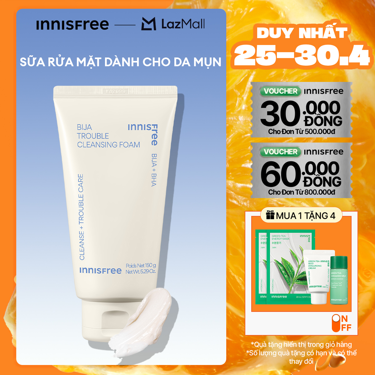 Sữa rửa mặt dành cho da mụn INNISFREE Bija Trouble Cleansing Foam 150g