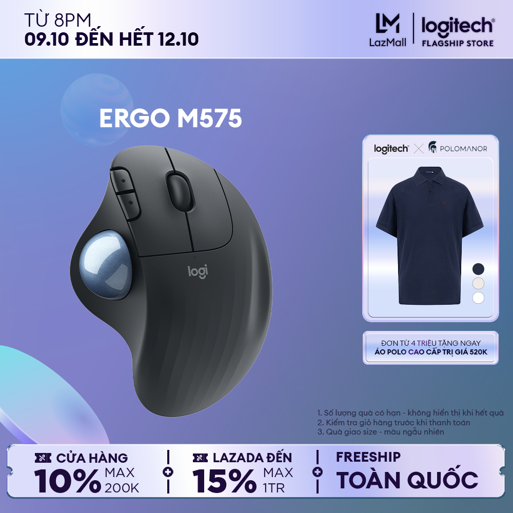 Chuột không dây Công Thái Học Logitech Ergo M575s Silent - Bluetooth, USB Bolt, Giảm ồn, Trackball ngón cái