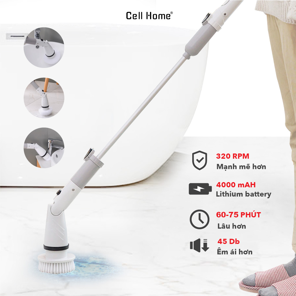 Chổi cọ sàn nhà tắm tự động JESOPB 320rpm cực mạnh cây chà tường toilet không dây 4 đầu cọ xoay gập 90 độ tiện lợi