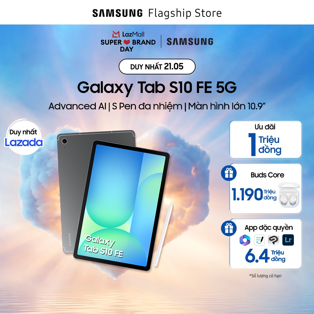 [SIÊU SALE THƯƠNG HIỆU DUY NHẤT HÔM NAY 21.5] Máy tính bảng Samsung Galaxy Tab S10 FE 5G (8GB/128GB), Advanced AI, S Pen đa nhiệm, Màn hình lớn 10.9"