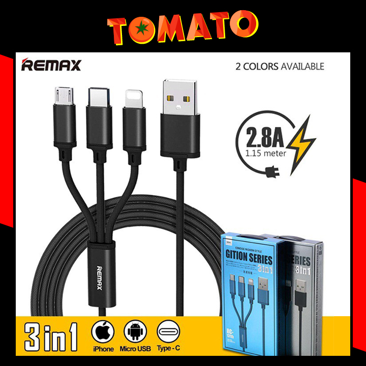 Cáp sạc 3 đầu remax rc-131th 3 trong 1 lightning - micro usb - type c - sạc cho nhiều dòng điện thoại