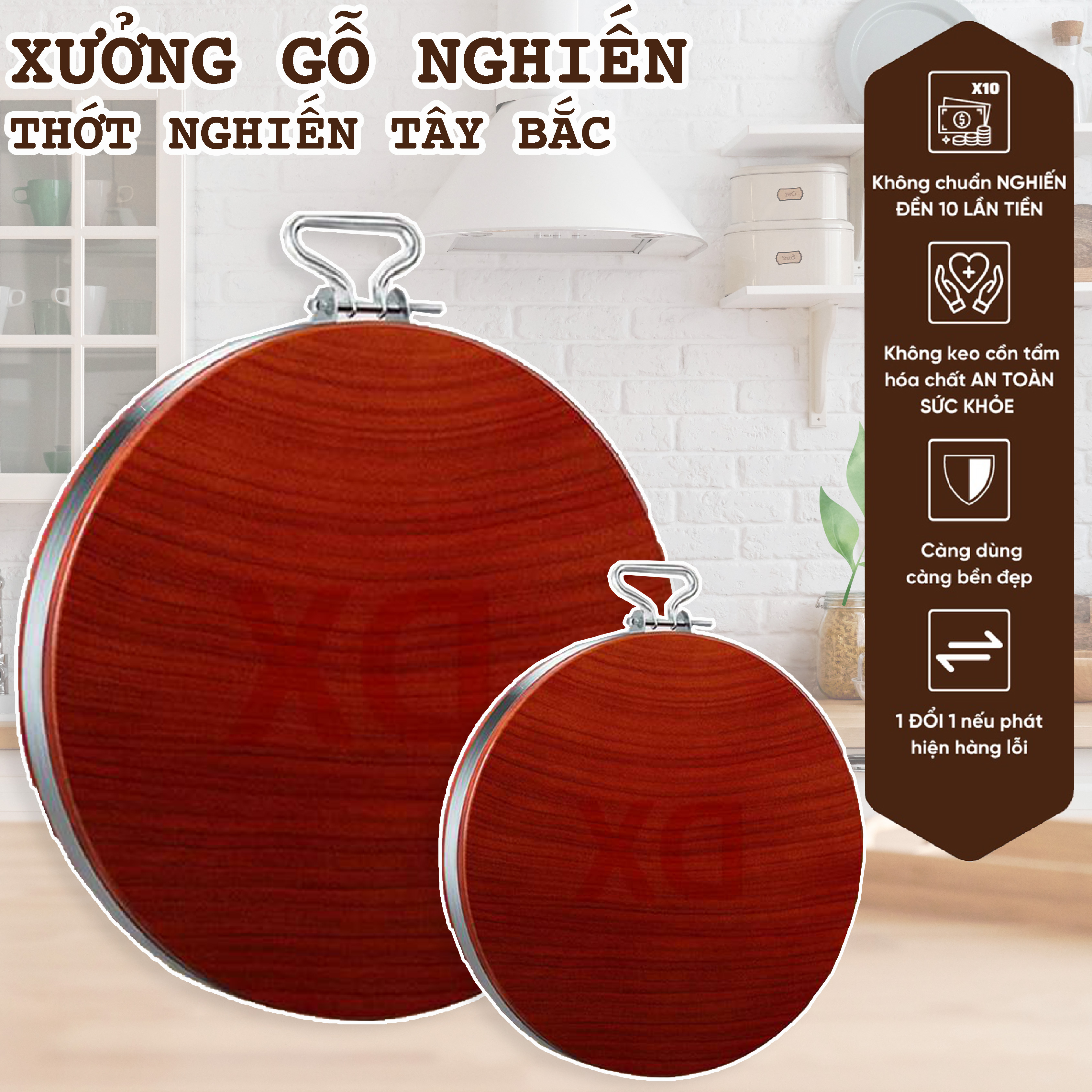 Thớt gỗ nghiến Tây Bắc kích thước 40cm dày 6cm để băm chặt, làm nhà hàng quán ăn , thớt nguyên khối độ bền cao kèm đai chống nứt