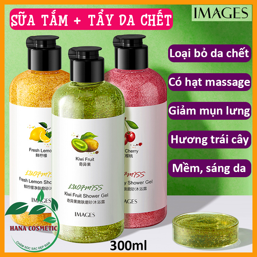 [Kiwi, Cherry, Chanh] Sữa Tắm Tẩy Tế Bào Chết Body Images Hương Trái Cây – Tẩy Sạch Da Chết, Giảm Mụn Có Trên Lưng, Có Hạt Massage, Chai 300ml