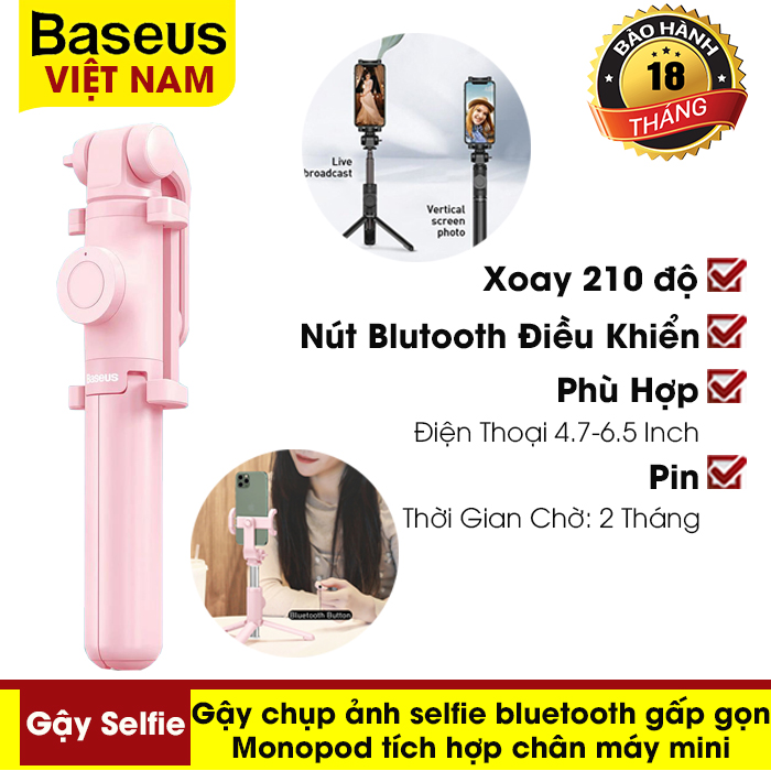 [BẢO HÀNH 18 THÁNG] Gậy chụp ảnh selfie bluetooth không dây Baseus có thể gấp gọn cầm tay Monopod tích hợp chân máy mini cho iPhone/Android/Huawei