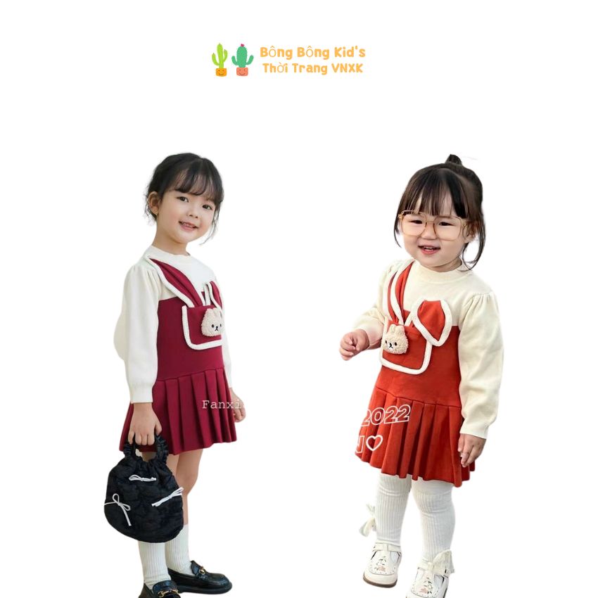 Váy len bé gái phối 2 màu họa tiết thỏ đáng yêu. váy dài tay bé gái. váy bé gái thu đông. váy len cho bé gái từ 1-5 tuổi