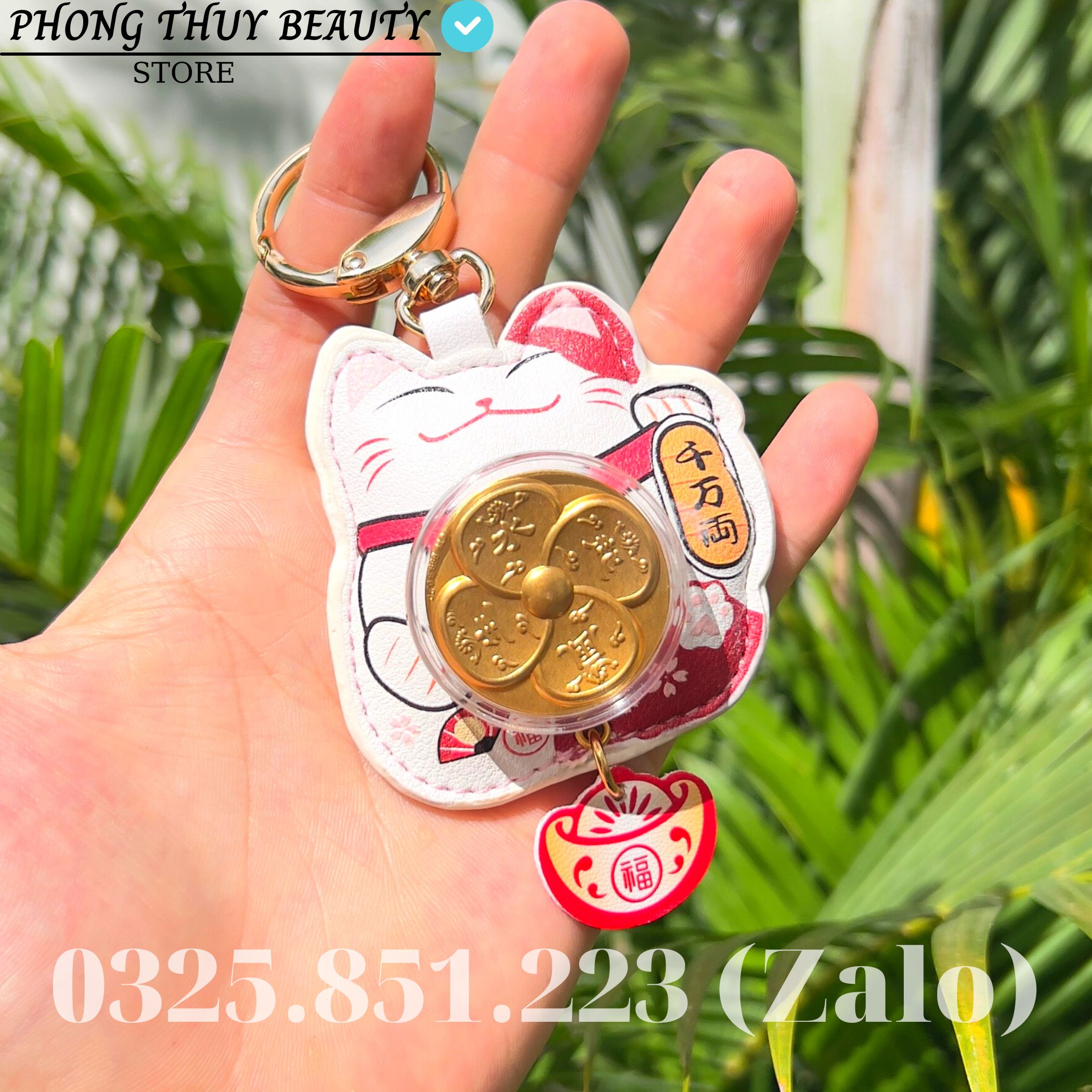Móc khóa mèo thần tài vẫy tay bằng da, chi tiết tỉ mỉ - treo cặp sách, balo, móc khóa xe,... may mắn