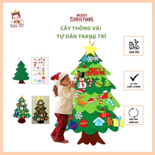 Cây thông noel vải nỉ tự làm, tặng dây đèn, phụ kiện giáng sinh