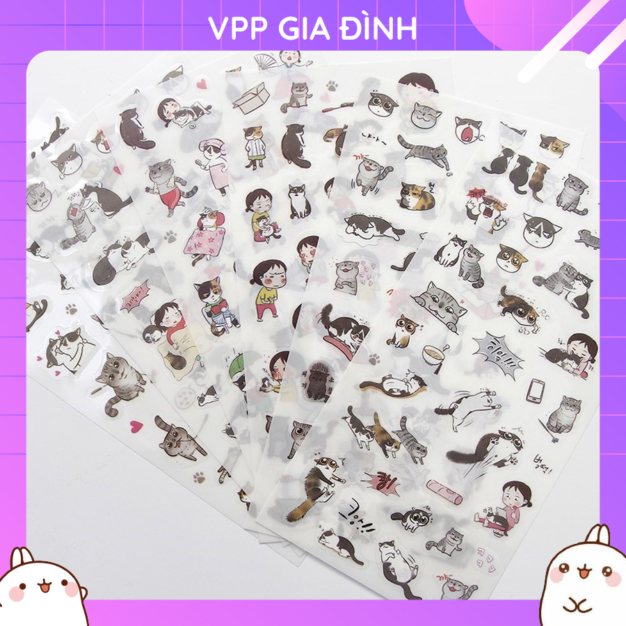 Bộ 6 tấm nhãn dán sticker trang trí mèo xám hàn quốc siêu dễ thương