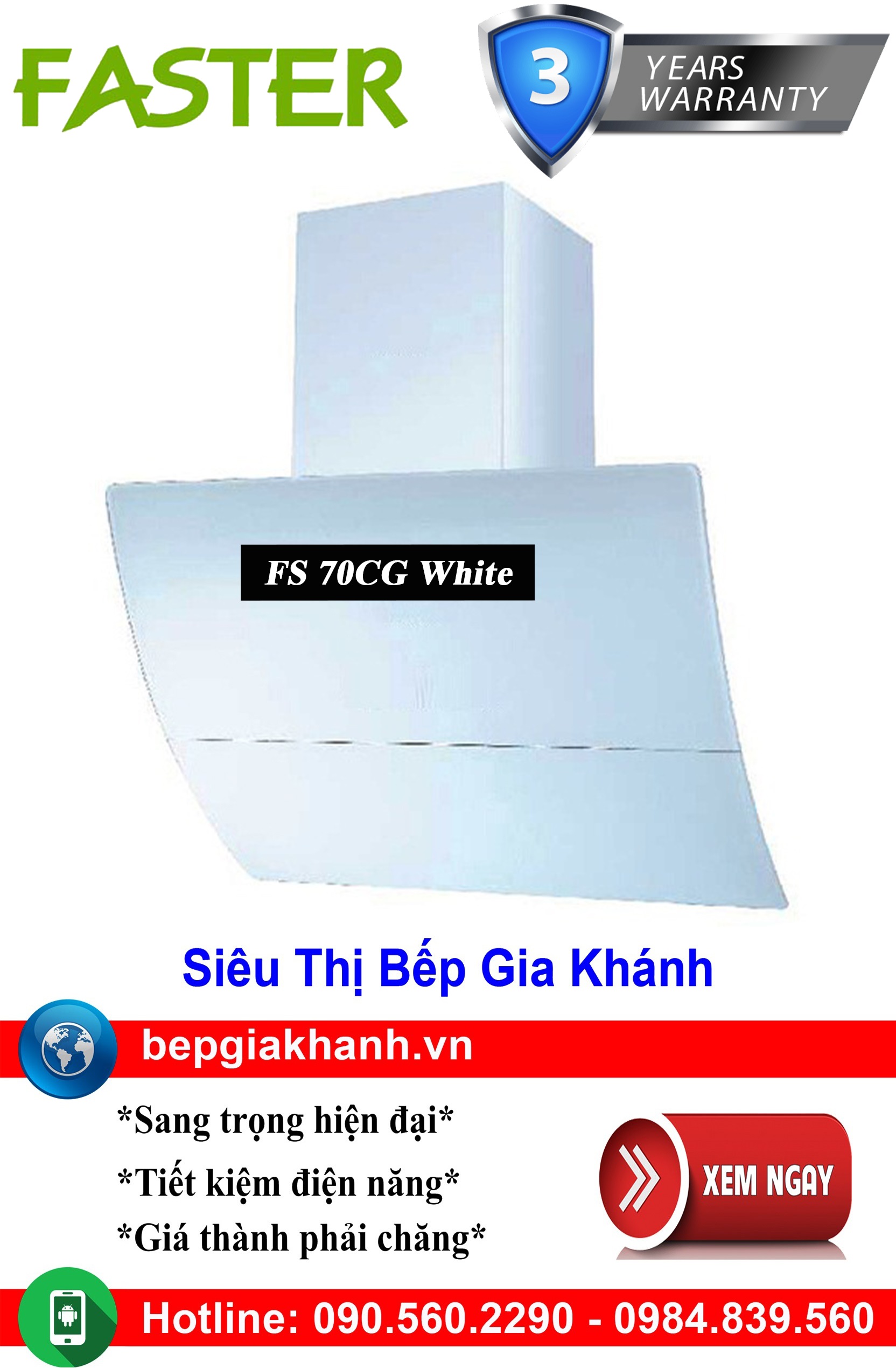 [HCM]Máy hút mùi dạng nghiêng 70cm Faster FS 70CG White, máy hút mùi nhà bếp, máy hút mùi bếp, máy h