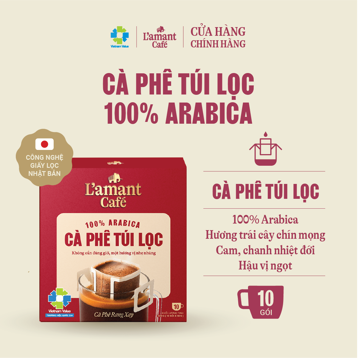 [MỚI] Cà Phê 100% Arabica Túi Lọc – Drip Coffee Hương Vị Trái Cây Chín Mọng – Hộp 10 gói – L’amant Happy Life