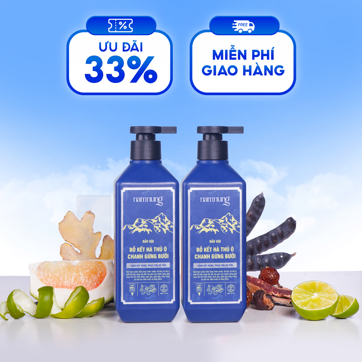 Combo 2 chai dầu gội thảo dược nam nung giảm rụng, phục hồi tóc hư tổn 500ml