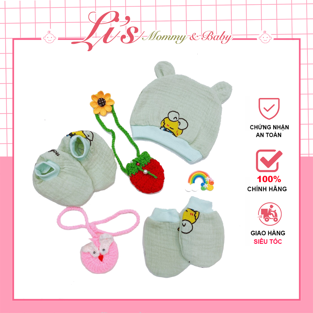 Bao tay chân sơ sinh kèm mũ set bộ sơ sinh vải xô mềm mịn bss29