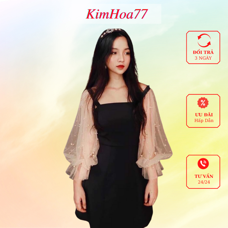 Váy suông đầm nữ dự tiệc freesize chất umi phối lưới tay dài đính ngọc kimhoa77