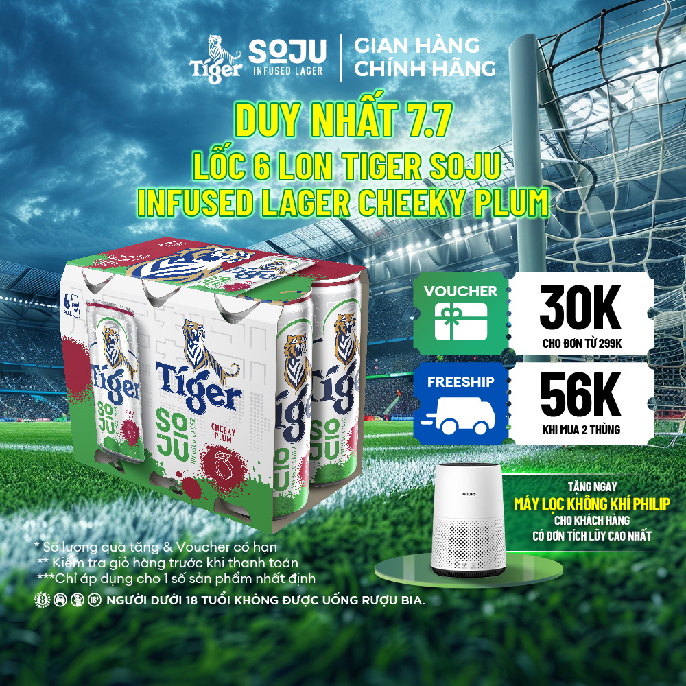 Nồng độ cồn 4% - lốc 6 lon bia tiger soju infused lager cheeky plum 330ml