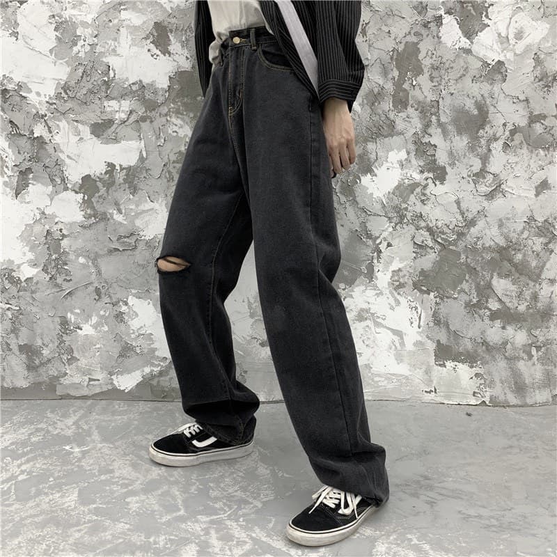 [HCM]( Quần Jean Ống Rộng)- Quần Jean Nam Phong cách hàn quốc Wash Màu Xám Đen