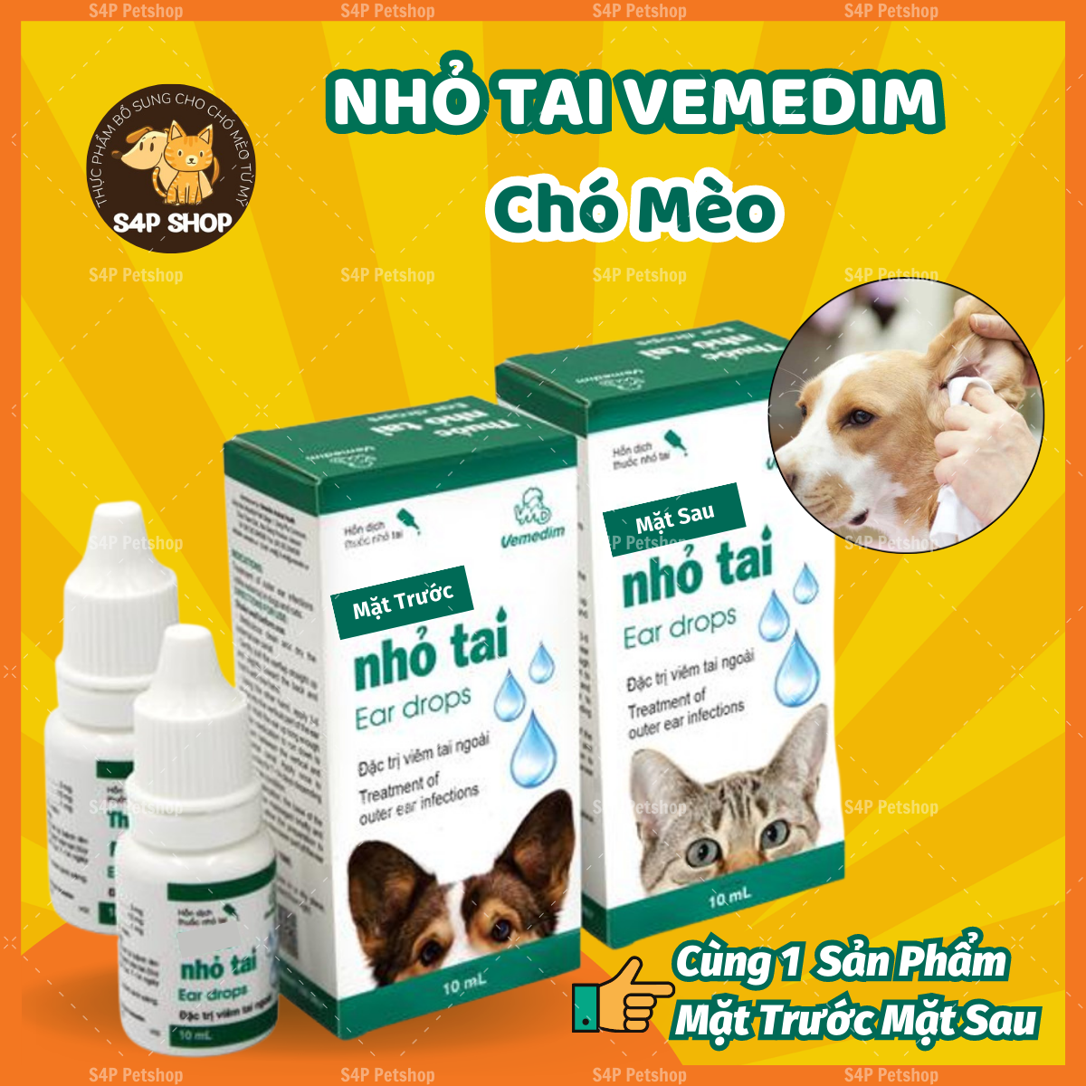 Nhỏ tai chó mèo Vemedim viêm tai ngoài, ghẻ tai do vi kh.uẩn nấm cho chó mèo