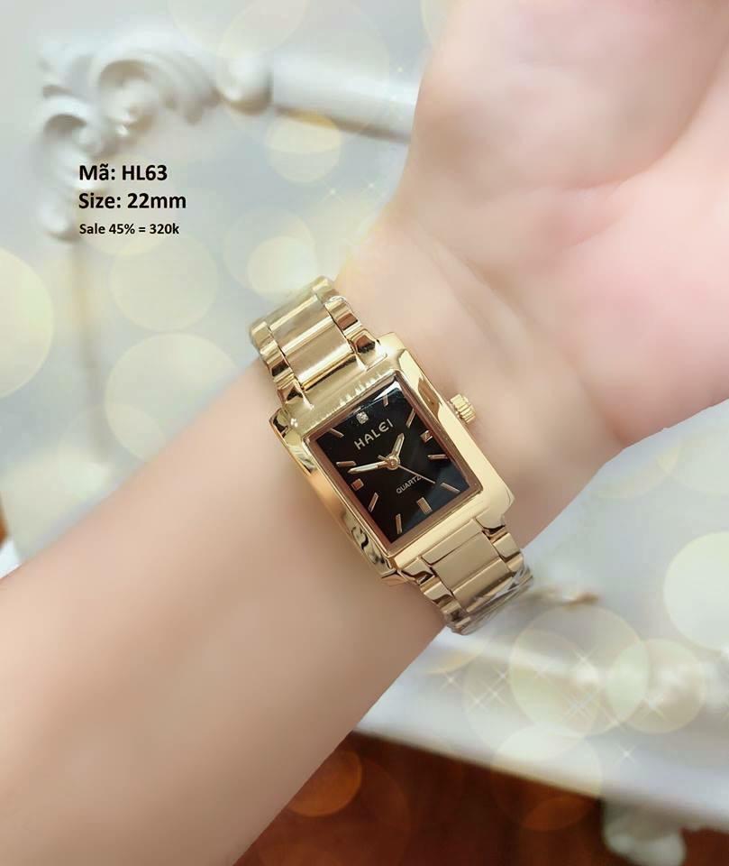 đồng hồ nữ mặt vuông halei dây vàng mặt đen,chống nước,chống xước tốt HLA342279