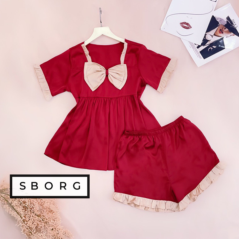 [HCM]Đồ ngủ nữ dễ thương SBORG bộ lụa latin cao cấp mềm mịn mát áo babydoll cổ vuông đính nơ cute tiểu thư quần đùi viền bèo dễ thương ulzzang freesize dưới 60kg quà tặng vợ thoải mái mặc nhà và ngủ