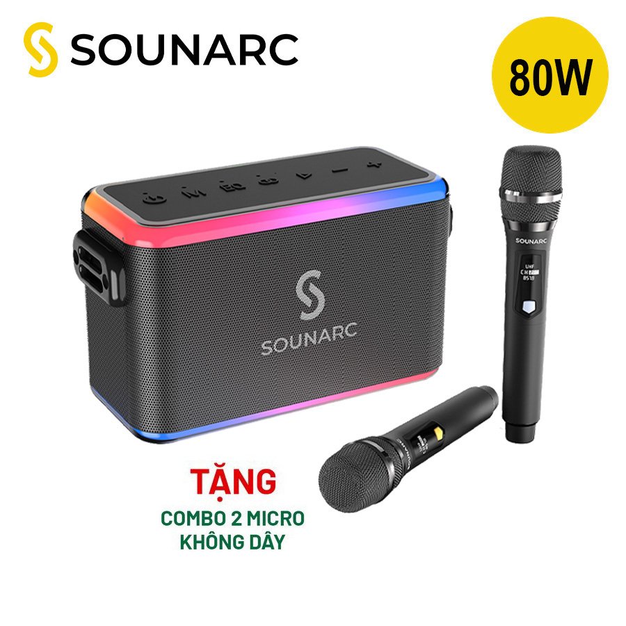 Loa karaoke bluetooth 5.3 sounarc a1 + 2 micro không dây hát karaoke, công suất 80w, chống nước ipx6 - bảo hành chính hãng 12 tháng