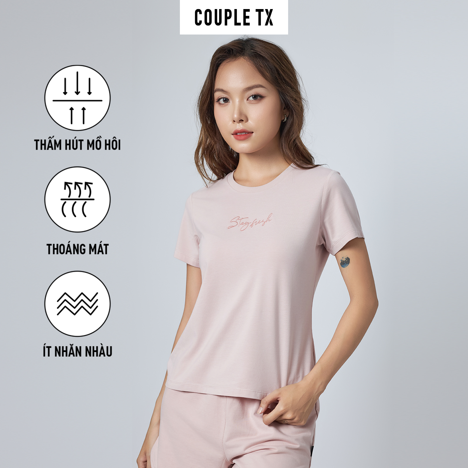 Áo thun nữ couple tx - modal thêu stay fresh wts 2366