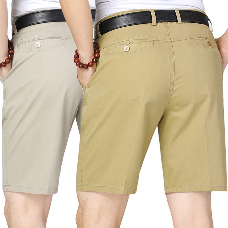 Quần short 100  cotton mùa hè ống thẳng mỏng quần ống rộng thông thường dành cho nam giới trung niên và người già cạp cao đáy quần sâu bố quần năm điểm
