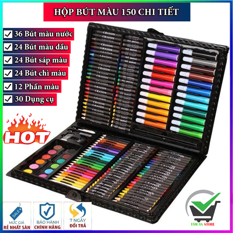 Hộp bút màu 150 chi tiết hộp đựng bút màu loại tốt cho bé tập tô tập vẽ hộp bút màu cho bé hộp màu đủ món bút tô bút chì bút sáp phấn màu kèm theo tẩy gọt bút lông ghim thước kẻ bảng nhựa pha màu kéo hồ dán