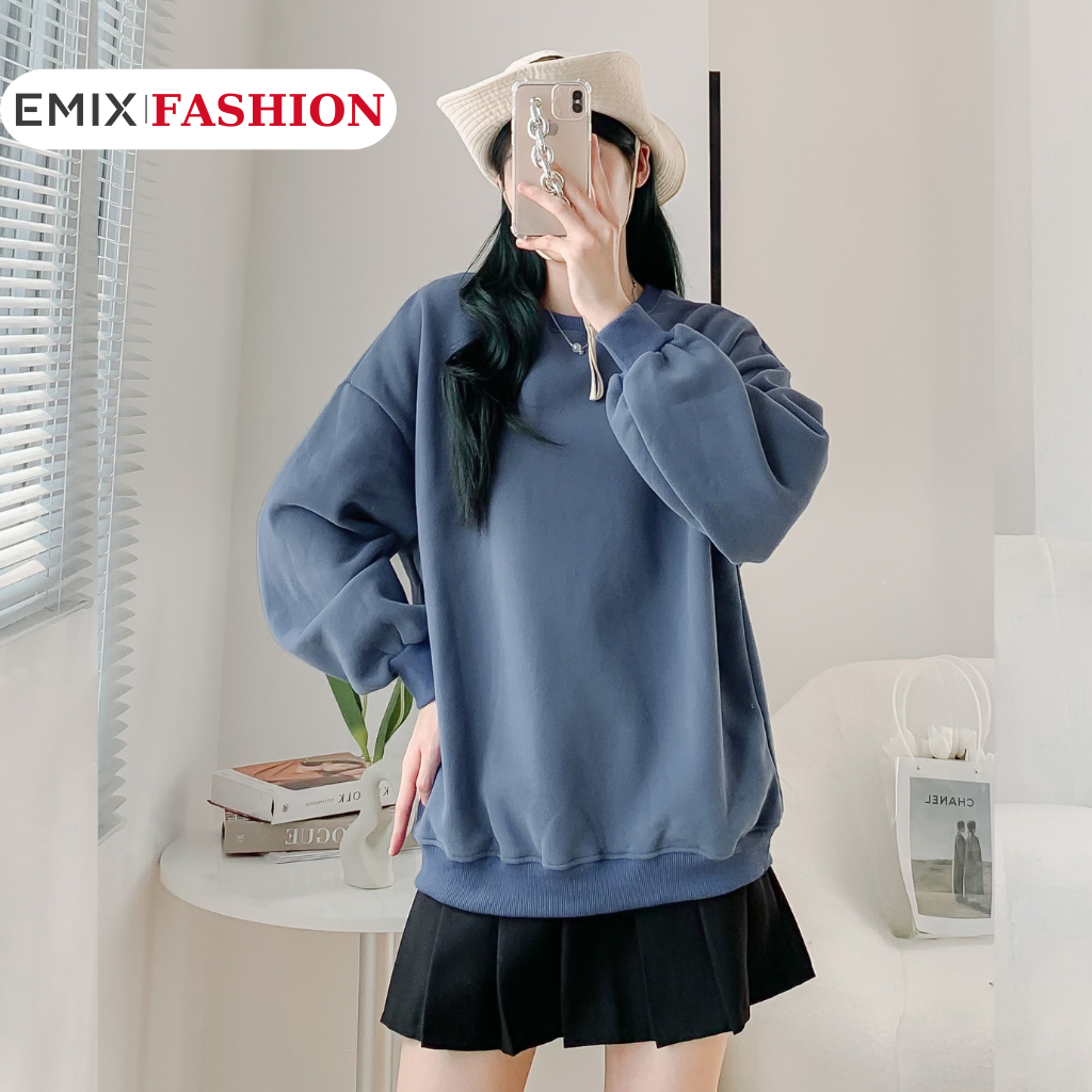 Áo sweater nỉ bông trơn EMIX, cổ tròn unisex