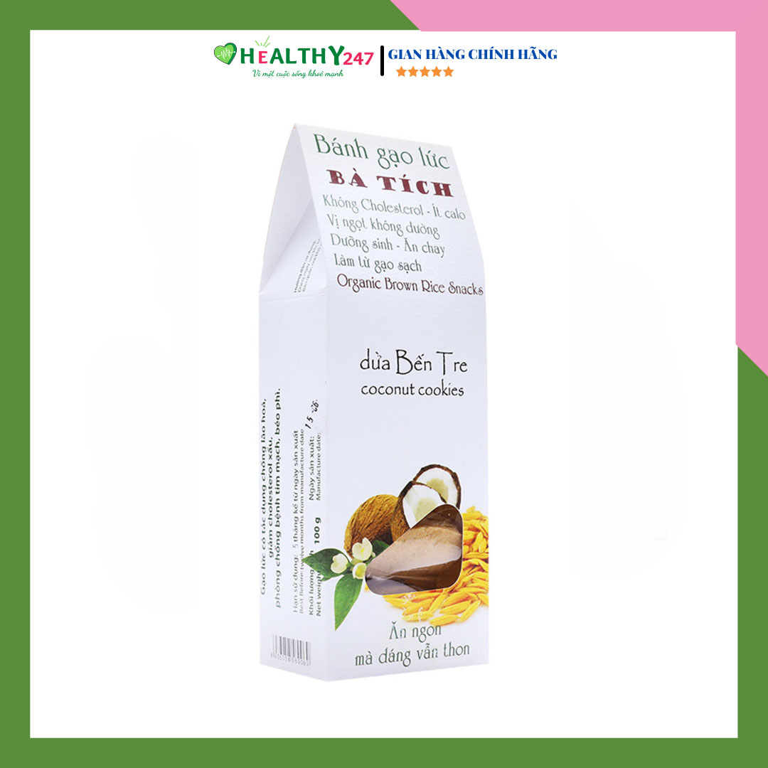 Bánh gạo lức bà tích hương vị dừa bến tre bánh gạo lứt thơm ngon tốt cho người tiểu đường hộp 100g healthy247