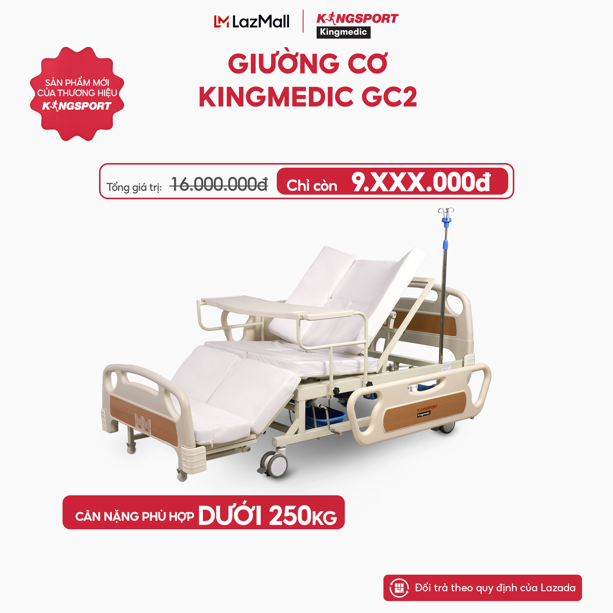Giường cơ KINGSPORT KINGMEDIC GC2 trang bị tính năng nâng lưng, lật nghiêng hai bên