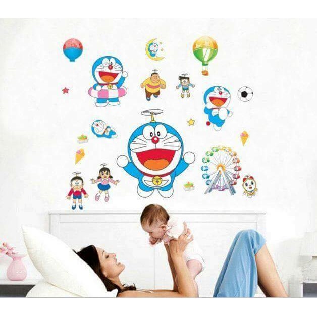 Decal dán tường Doremon tranh dán tường 3D Doremon xanh cho các bé trai bé gái