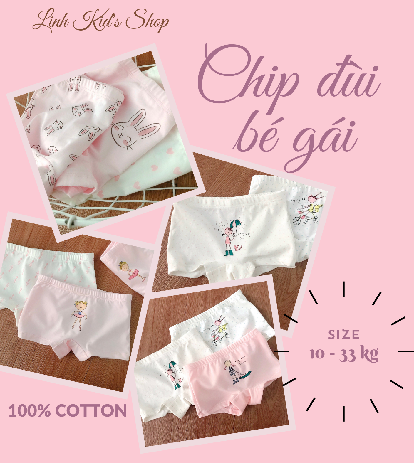 Set 3 chip đùi cotton cho bé gái từ 8-35 kg