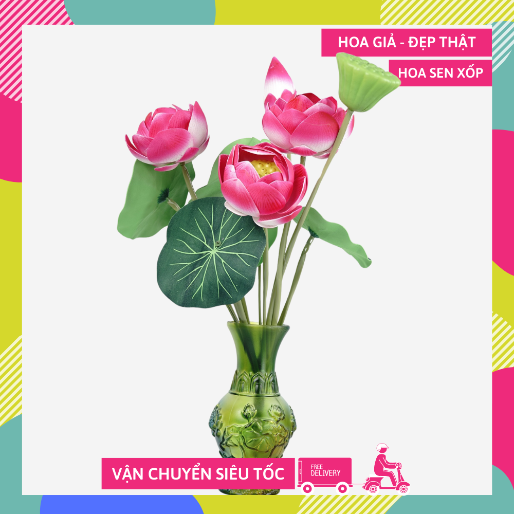 Bụi hoa sen giả bông sen hồng tươi đẹp tự nhiên trang trí bình hoa trưng bày, đặt bàn thờ - Dài 52cm