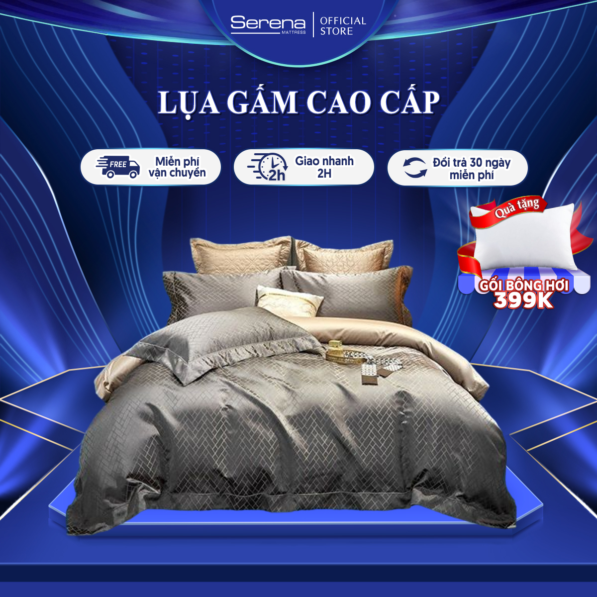 Ga nệm 1m8 x 2m cao cấp lụa gấm SERENA chính hãng - bộ chăn ga ra drap gối mền nệm đệm giường đẹp phi lụa thái 5 món khách sạn cao cấp 1m2 1m4 1m6 1m8 2m 2m2x2m