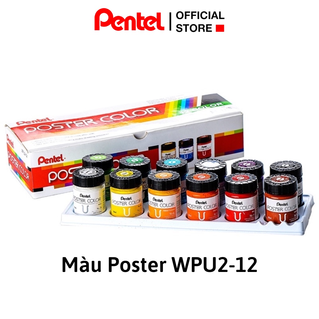 Bộ 12 Màu Poster Nhật Bản Pentel WPU2_T12 - Màu Bột Gốc Nước Vẽ trên Mọi Chất Liệu (Vải/Gỗ/Nhựa/Sứ) - Màu Bền Lâu Phai - Hàng Chính Hãng Nhật Bản - 30ml
