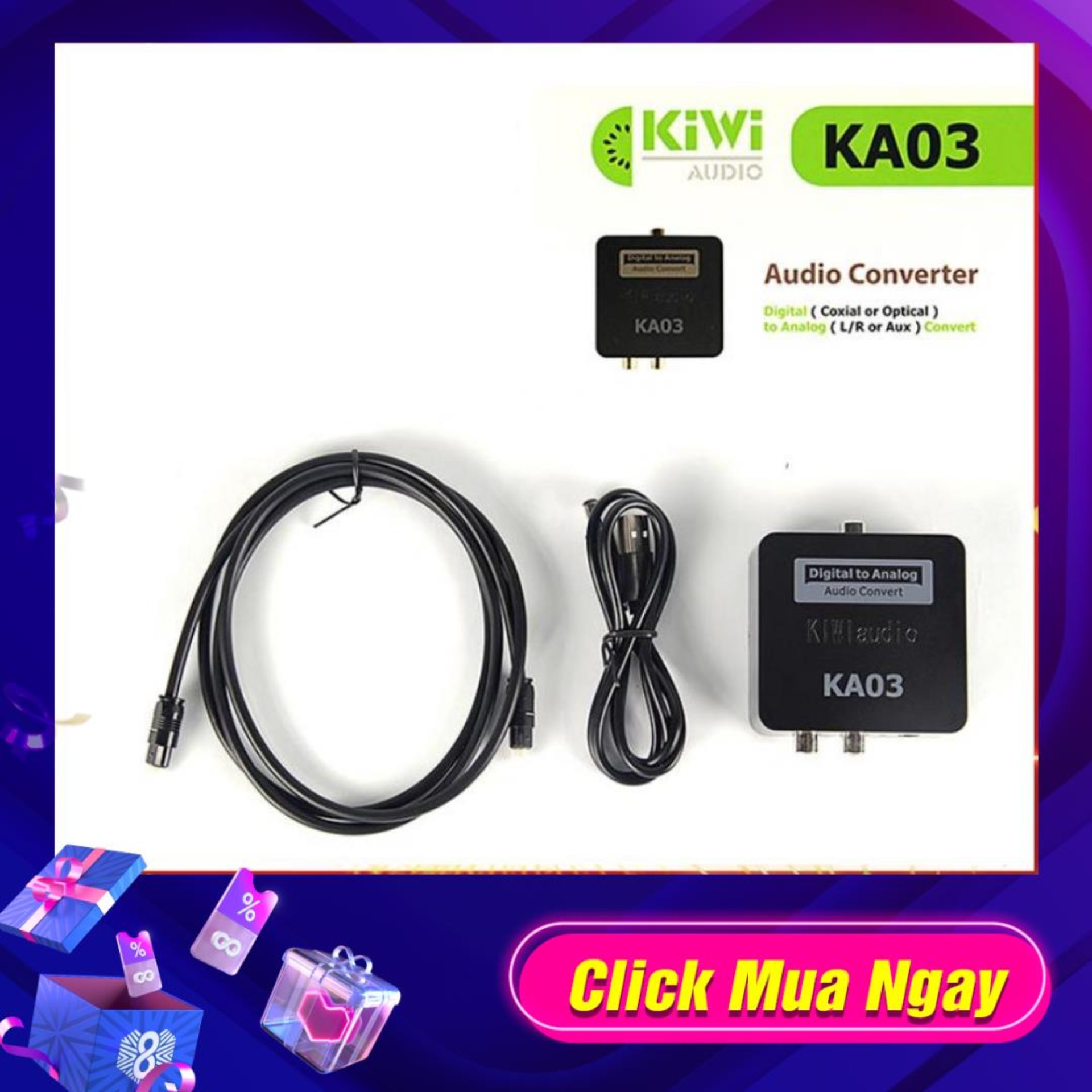 Bộ chuyển âm thanh cáp quang KIWI audio KA03 - KA02, âm thanh từ Tivi Digital optical sang audio Analog AV ra amply , loa - Dây cáp rời