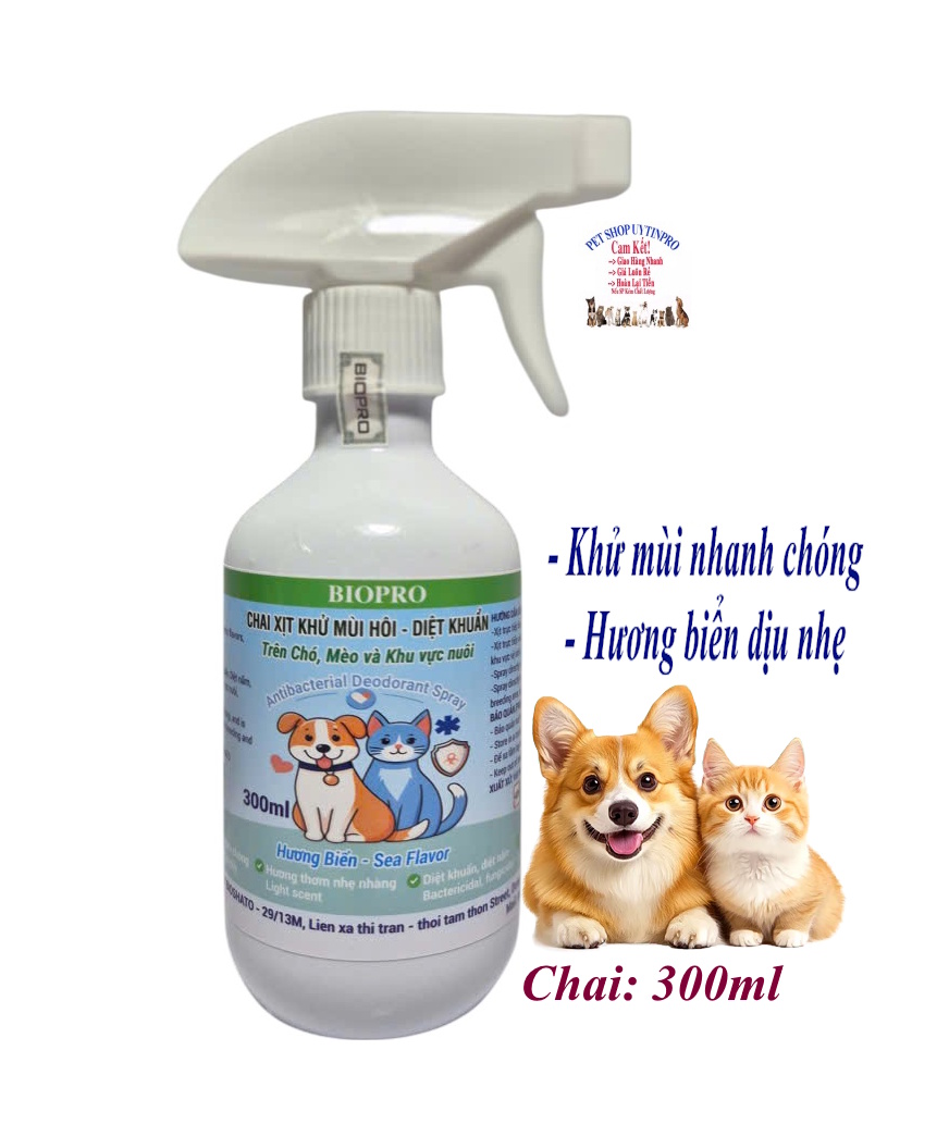 Chai xịt Biopro 300ml khử mùi diệt khuẩn trên Chó, Mèo và khu vực nuôi Hương biển dịu nhẹ, Khử mùi nhanh chóng