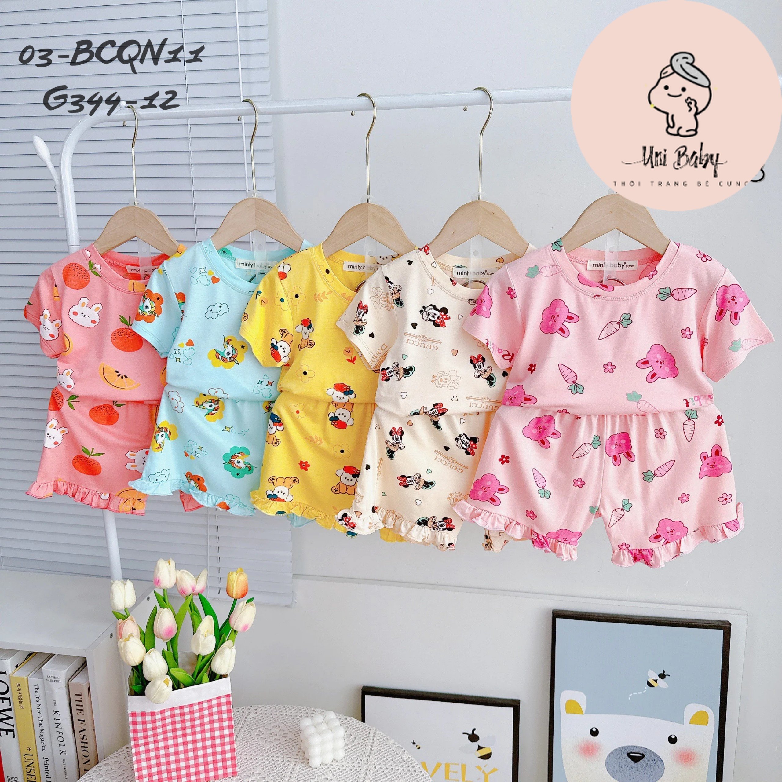 Bộ Thun Lạnh Minly Baby Cộc Tay Bé Gái Bộ Quần Áo Cộc Tay Bé Gái Phối Bèo Tay điệu đà Unibaby G344