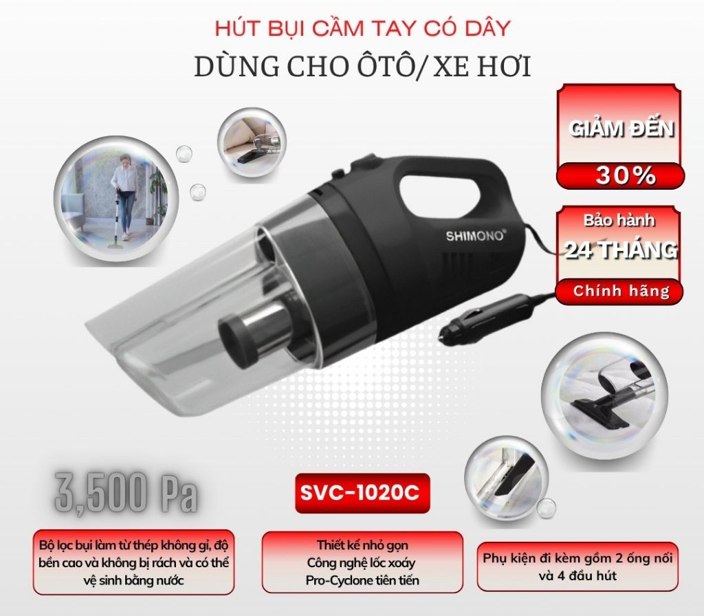 Shimono Svc-1020C Car Vacuum Cleaner with Stainless Steel Filter Head, Strong Suction, 2 Suction Heads, Hepa Filter Giá 999,000 Đồng*Miễn phí vận chuyển