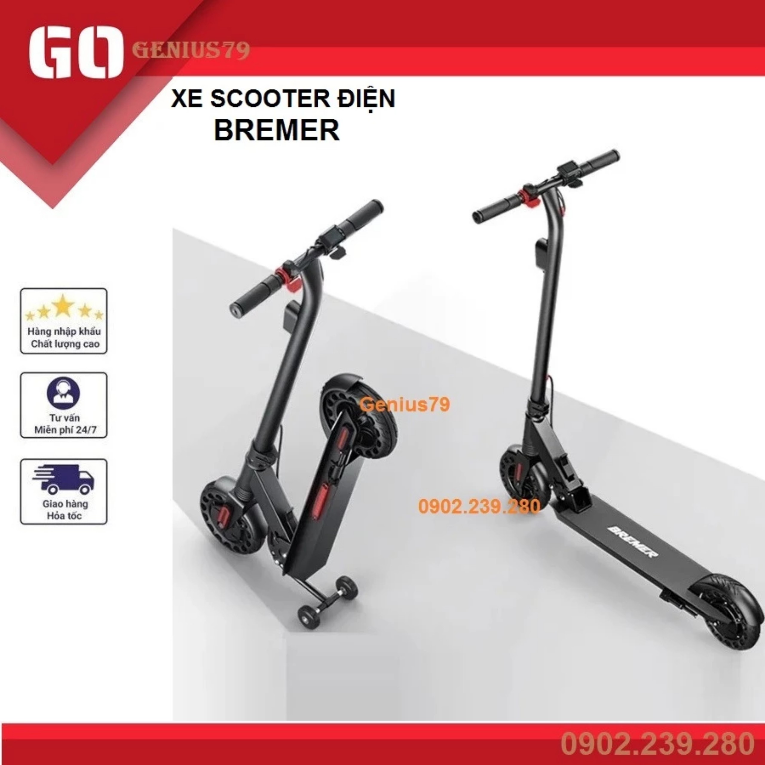 Xe scooter điện BREMER gấp gọn, phiên bản pin 36v, sạc nhanh 2A, phanh điện tử, lốp đặc tổ ong độc quyền, giảm sóc nâng cấp, màn hình LCD kỹ thuật số động - Bảo hành 24 tháng - RE0782
