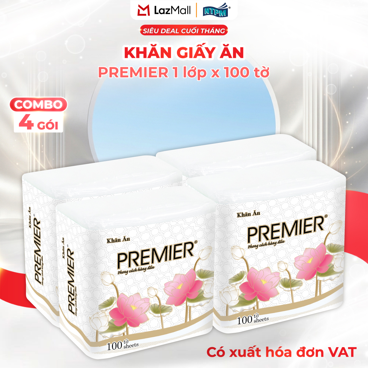 [COMBO 4 GÓI] Khăn giấy ăn Premier, 1 lớp - 100% bột giấy nguyên sinh, không chất tẩy, 100 tờ/gói - Chính hãng