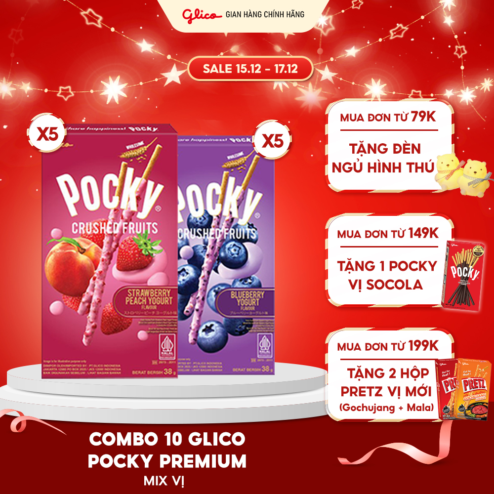 Combo 10 hộp bánh que Pocky Premium Trái Cây Nghiền Vị Sữa Chua 5 Việt Quất + 5 Dâu Đào