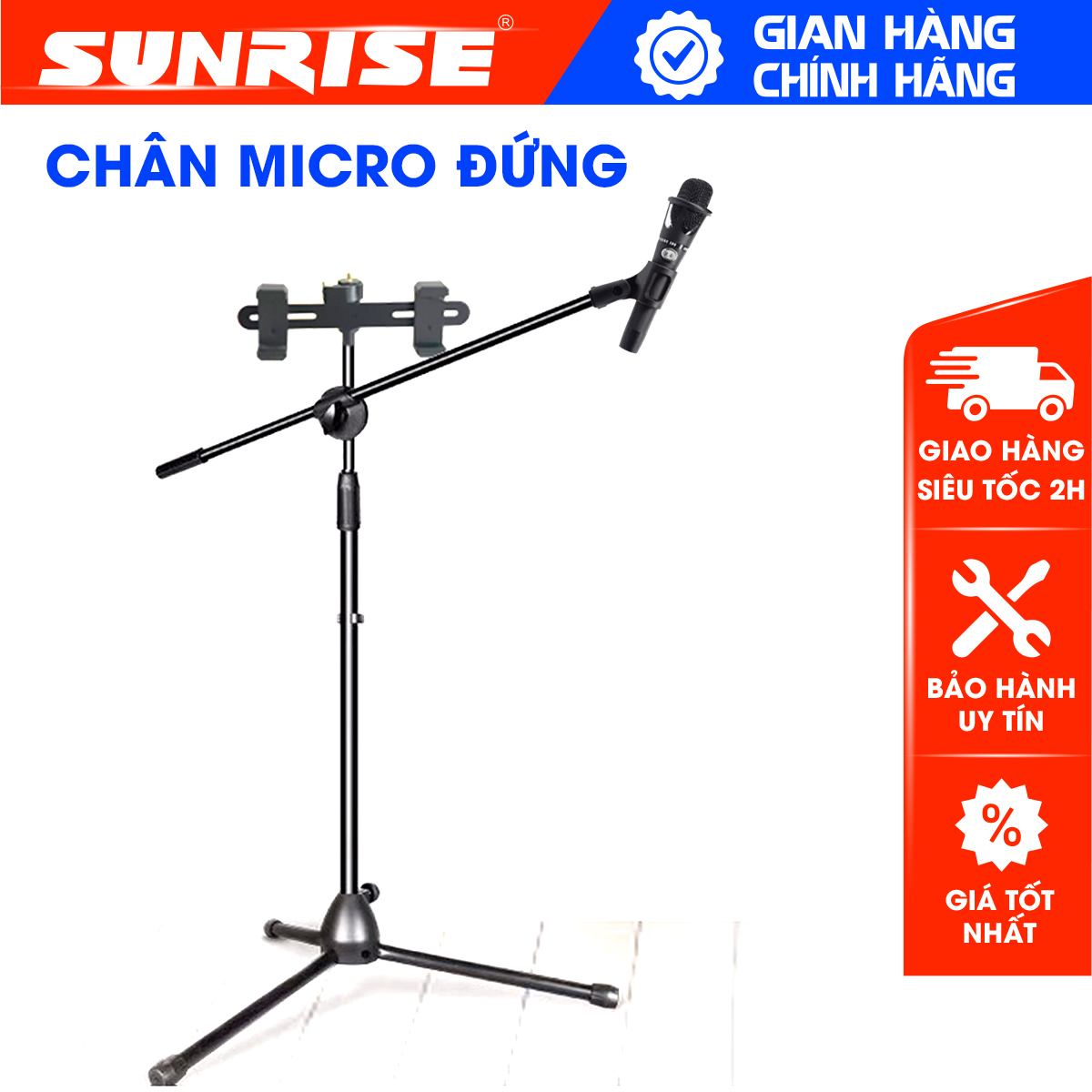 Chân micro đứng cao cấp cho Phòng thu, sân khấu MP303 chân đứng tích hợp 1 đầu gắn mic và 02 đế kẹp điện thoại