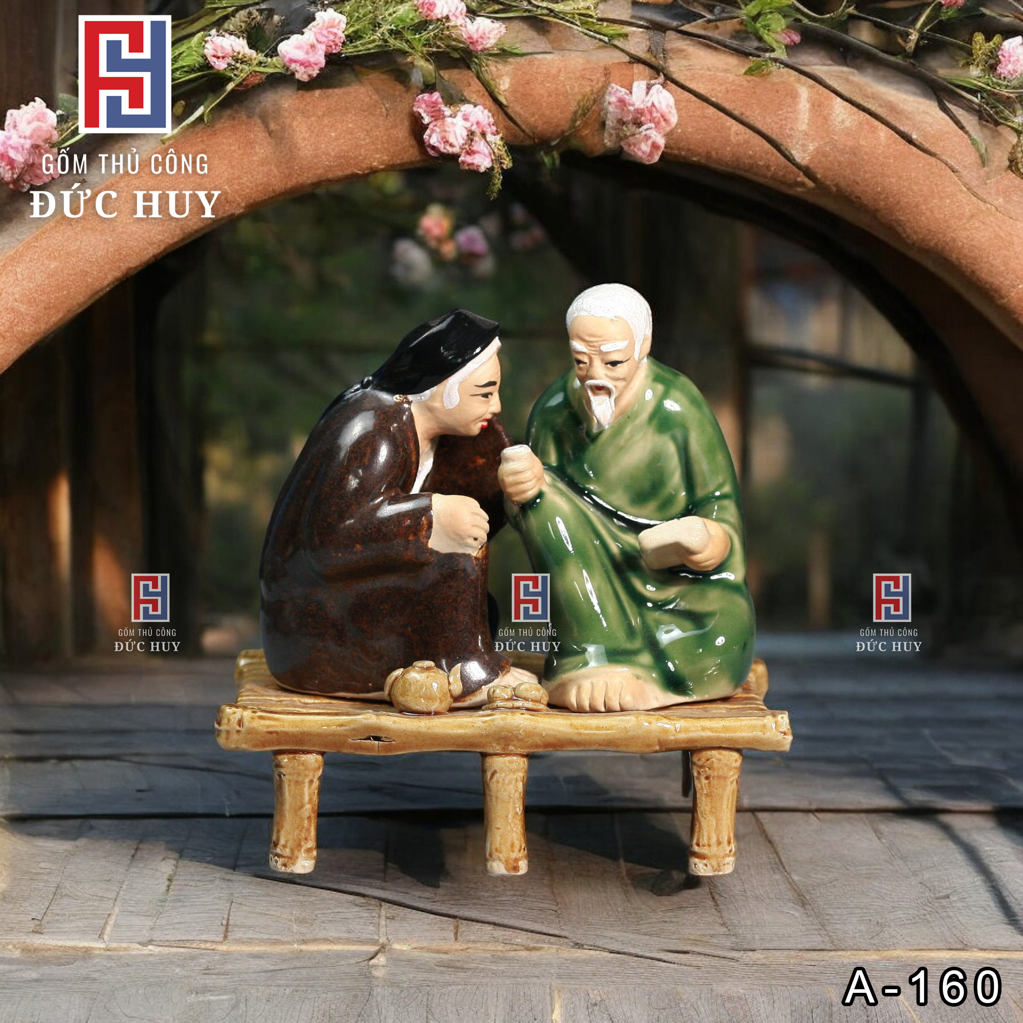 Tượng gốm Ông Bà Tâm Sự đắp nặn thủ công phụ kiện trang trí tiểu cảnh hòn non bộ chậu cây bonsai
