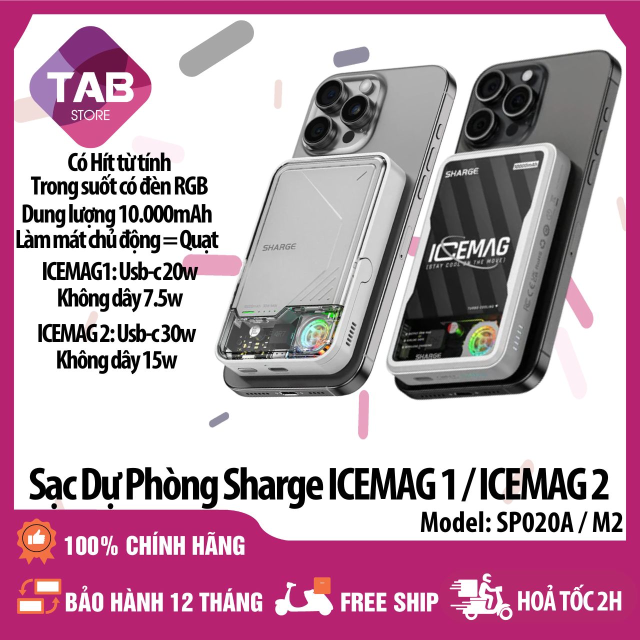 Sạc Dự Phòng SHARGE ICEMAG 1 / ICEMAG 2 IQ2 30w 10000mAh RGB, Tản Nhiệt, Hít Từ Tính, Sạc Không Dây