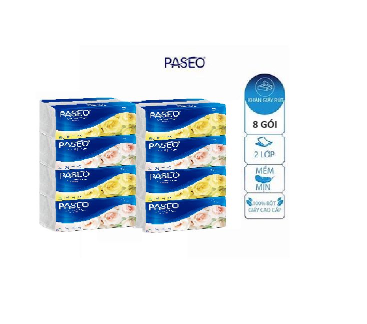 Combo 8 gói khăn giấy rút Paseo Indonesia 220 tờ 2 lớp