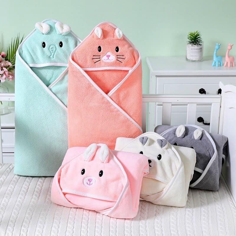 Chăn Mền ủ bông cao cấp có nón hình thú, Khăn ủ, khăn tắm cho bé 80x80cm