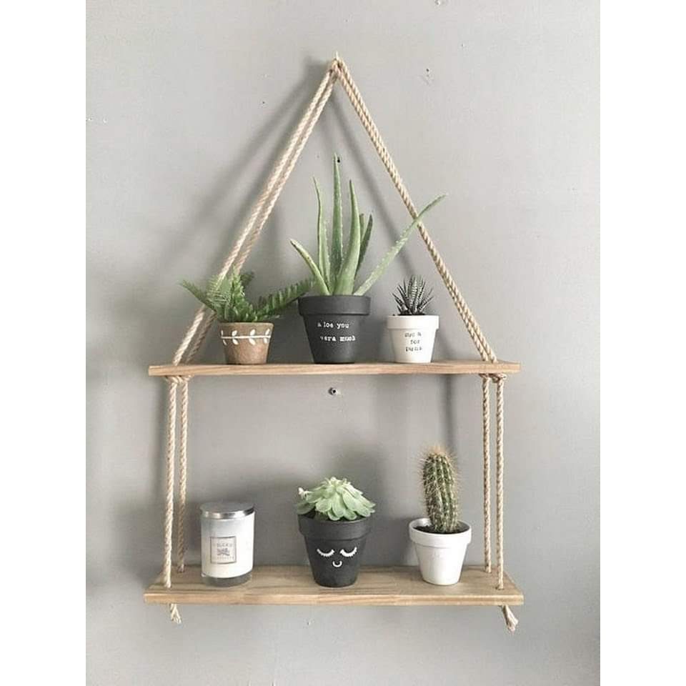 Kệ treo tường bằng gỗ decor tặng dây thừng và móc treo