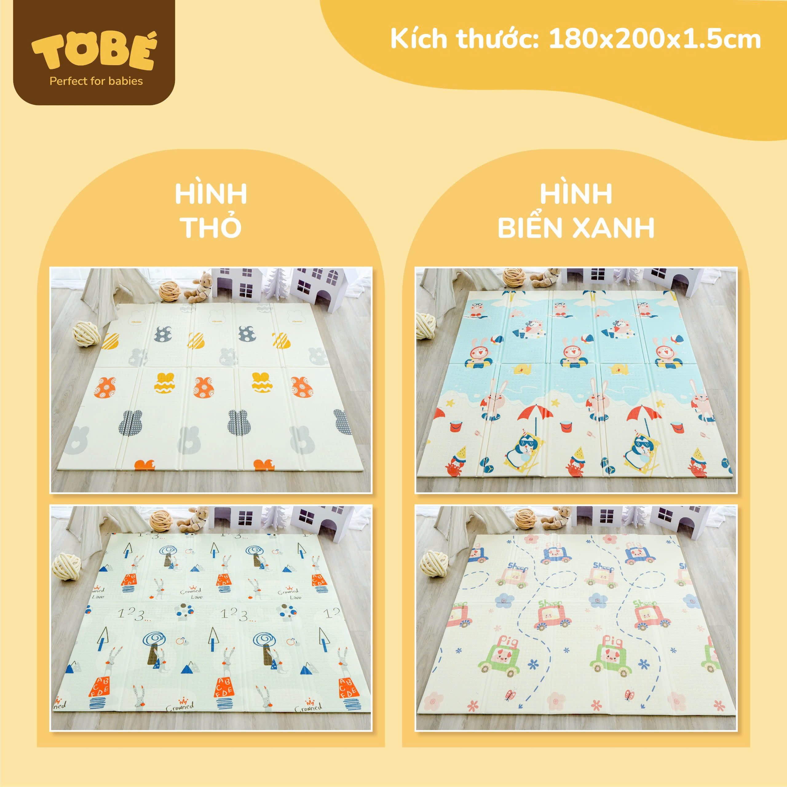 Thảm chơi 180x200 180x150 dày dặn (1.5cm) gấp gọn, cuộn silicon Tobe chống trơn 2 mặt an toàn cho bé 1117 1118