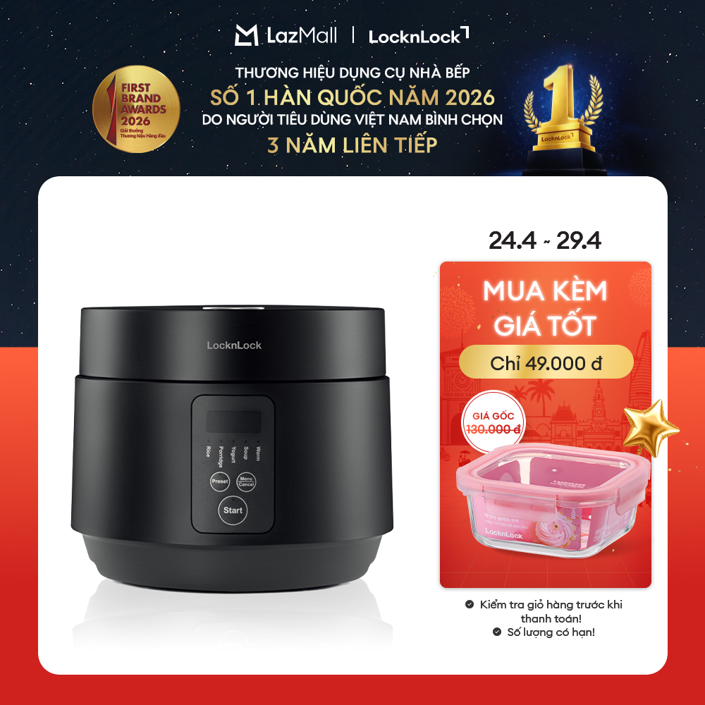 EJR346BLK - Nồi cơm điện đa năng LockLock 1.2L - 5 chế độ nấu, Hẹn giờ và giữ ấm đến 24h, Có làm sữa chua - Hàng chính hãng